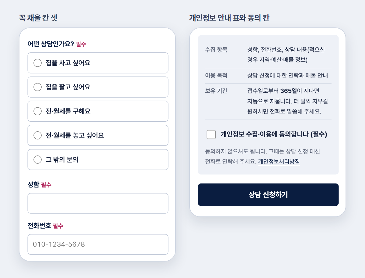 휴대폰 상담 신청 화면. 상담 종류 다섯 가지와 성함, 전화번호 칸, 개인정보 수집·이용 안내 표와 동의 칸