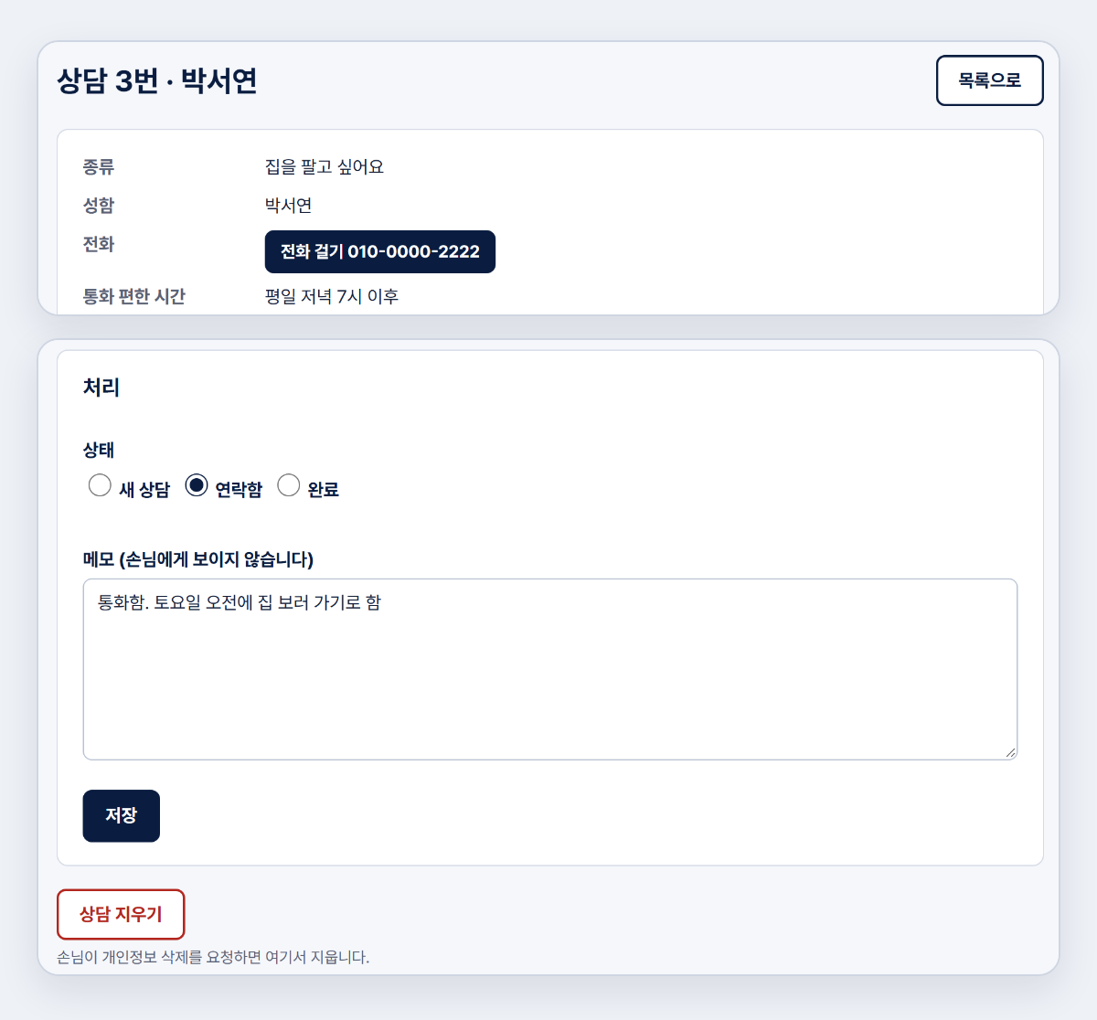 관리 화면의 상담 한 건. 전화 걸기 버튼, 새 상담·연락함·완료 상태, 손님에게 보이지 않는 메모, 상담 지우기 버튼