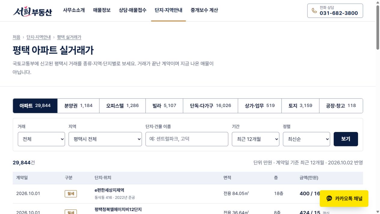 평택 실거래가 조회 화면