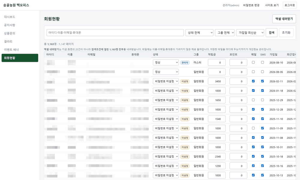 회원현황 화면 — 오른쪽 위에 엑셀 내려받기 버튼이 있고 개인정보는 가려져 있다